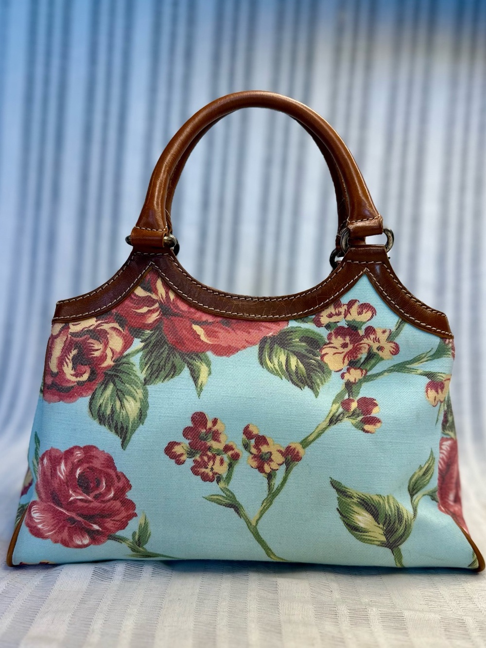 Vintage Fossil Floral Canvas and Leather Top-Handle Satchel Handbag Y2K